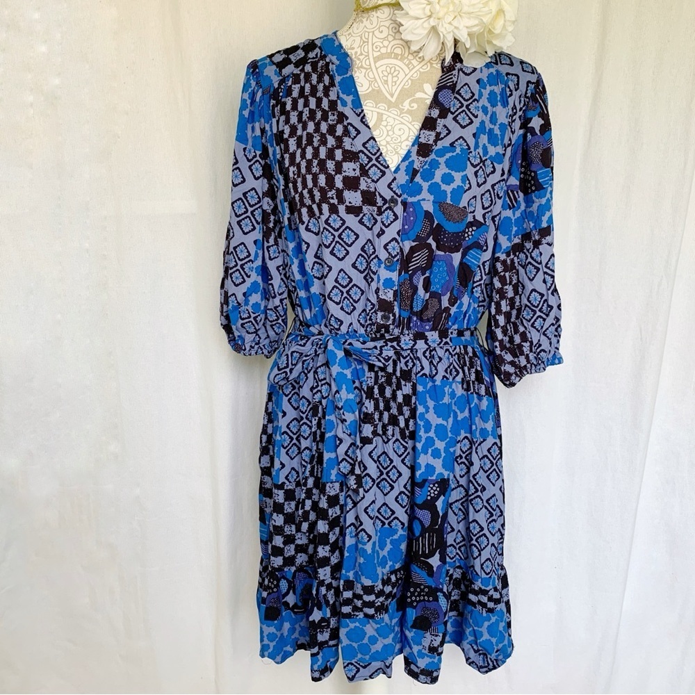 Anthropologie // Porridge blue, black patterned v neck long sleeve dress NWT dr1